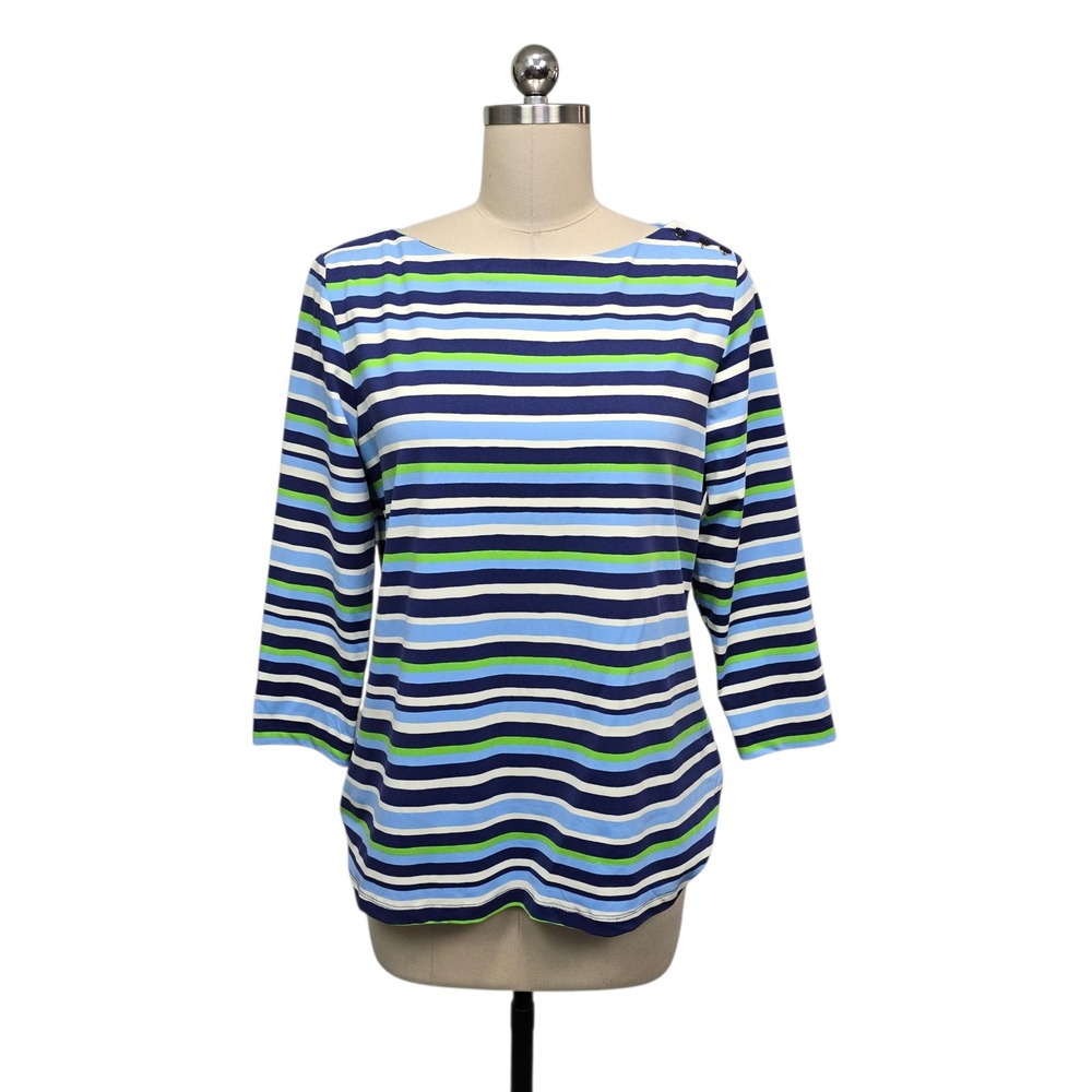 J.McLaughlin Womens XL Blue Striped Catalina Cloth Boat‎ Neck 3/4 Sleeve Top